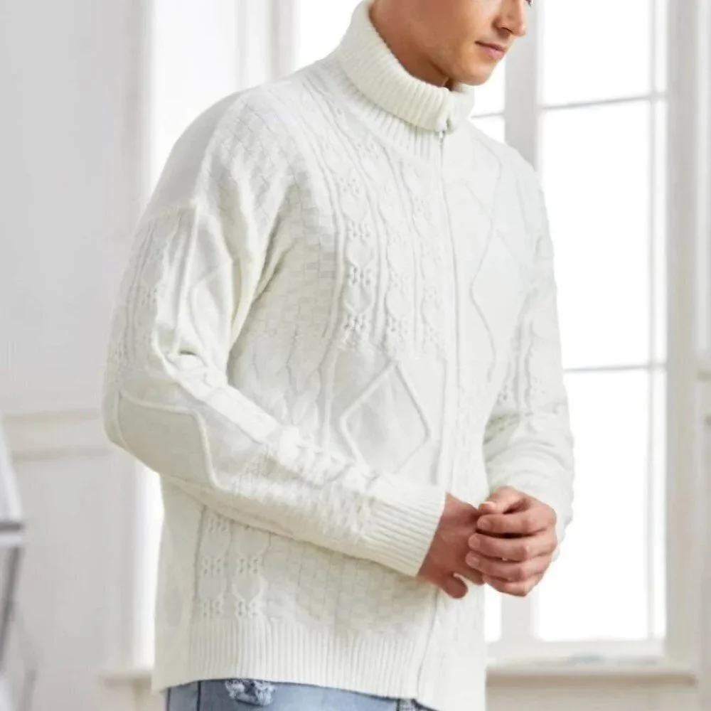 Casual Cable Knit Men's Cardigan w/Turtle Neck & D